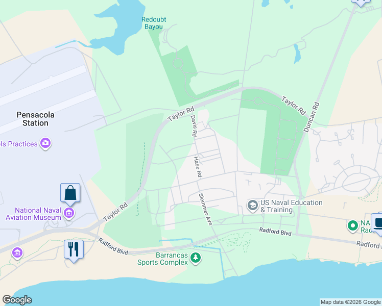 map of restaurants, bars, coffee shops, grocery stores, and more near Andrew Jackson Court in Pensacola