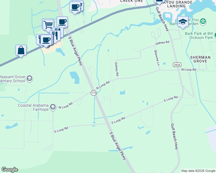 map of restaurants, bars, coffee shops, grocery stores, and more near 9885 North Loop Road in Pensacola