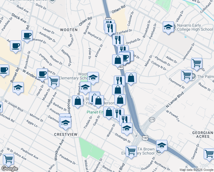 map of restaurants, bars, coffee shops, grocery stores, and more near 8016 Tisdale Drive in Austin