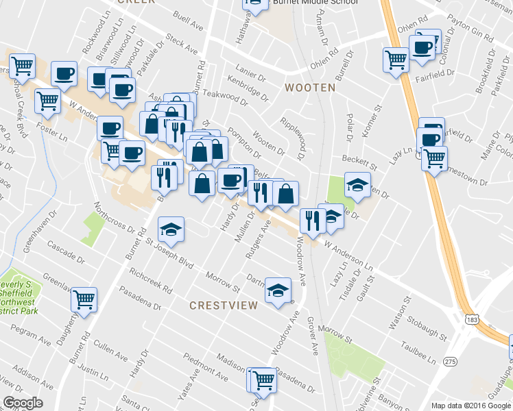 map of restaurants, bars, coffee shops, grocery stores, and more near 7920 Mullen Drive in Austin