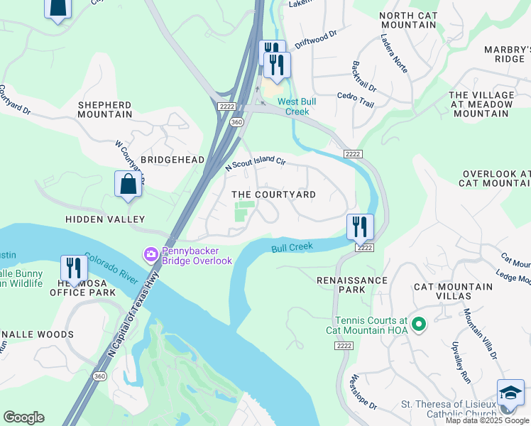 map of restaurants, bars, coffee shops, grocery stores, and more near 5722 Sam Houston Circle in Austin