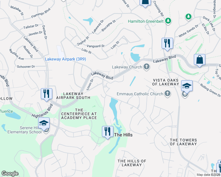 map of restaurants, bars, coffee shops, grocery stores, and more near 107 Birdie Drive in The Hills