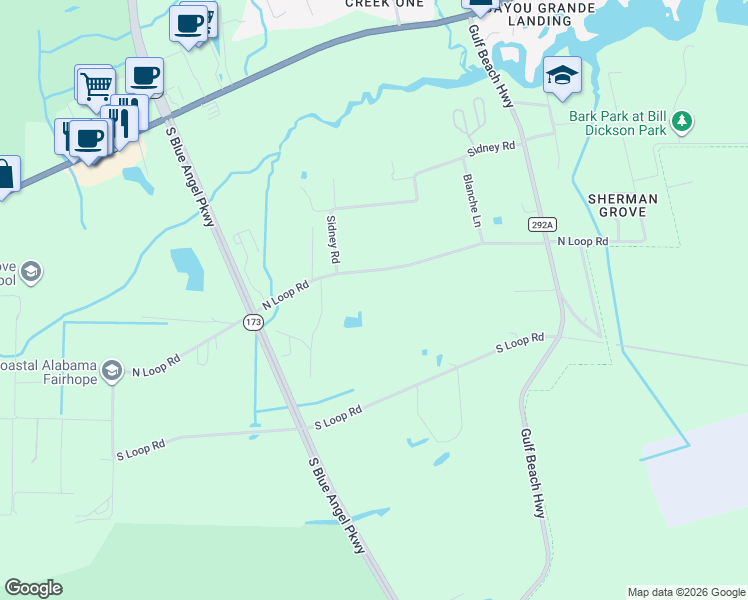 map of restaurants, bars, coffee shops, grocery stores, and more near 9795 North Loop Road in Pensacola
