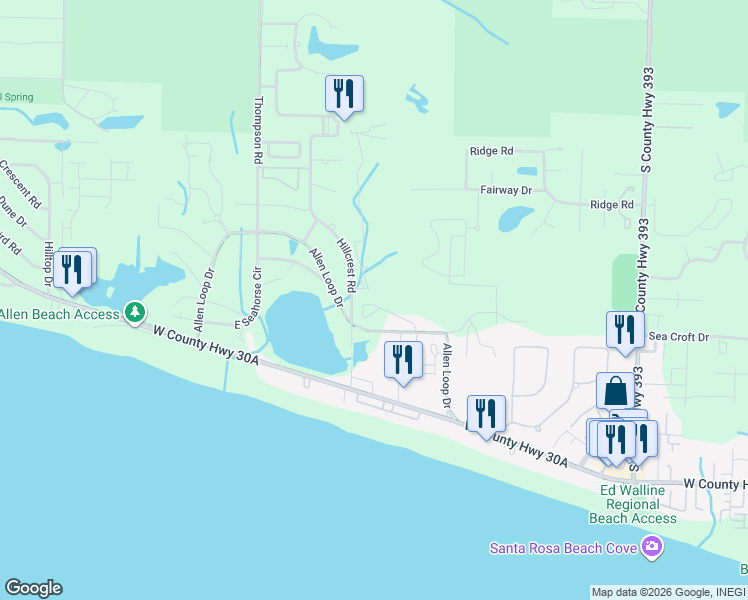 map of restaurants, bars, coffee shops, grocery stores, and more near 132 Masters Court in Santa Rosa Beach