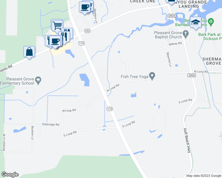 map of restaurants, bars, coffee shops, grocery stores, and more near 9886 North Loop Road in Pensacola
