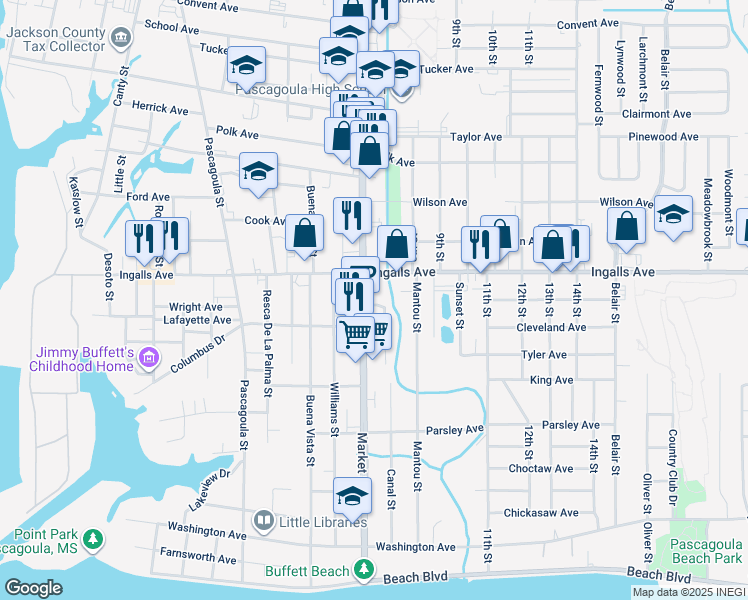 map of restaurants, bars, coffee shops, grocery stores, and more near 1802 Market Street in Pascagoula
