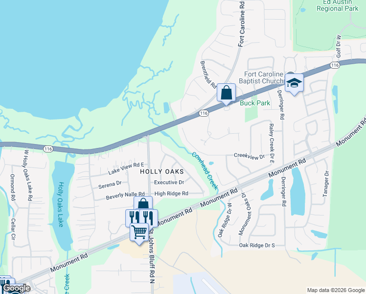 map of restaurants, bars, coffee shops, grocery stores, and more near 10918 Creekview Drive in Jacksonville