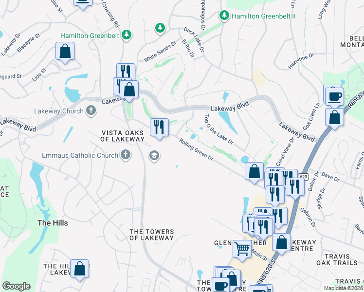map of restaurants, bars, coffee shops, grocery stores, and more near 607 Rolling Green Drive in Lakeway