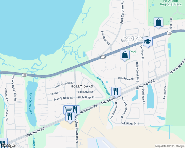 map of restaurants, bars, coffee shops, grocery stores, and more near 10918 Creekview Drive in Jacksonville
