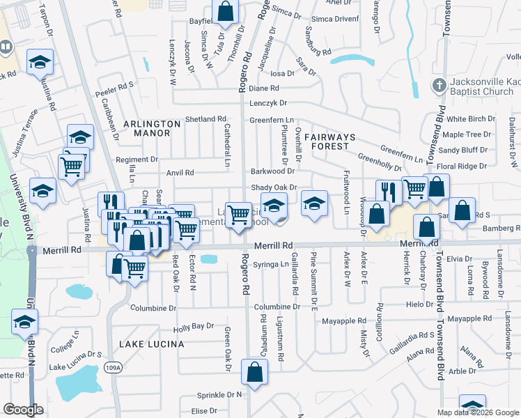 map of restaurants, bars, coffee shops, grocery stores, and more near 6544 Blackwood Drive in Jacksonville