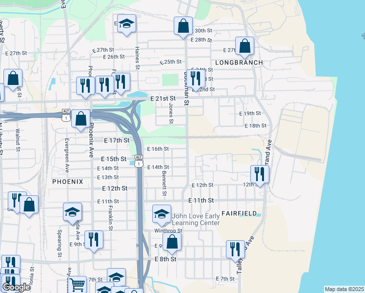 map of restaurants, bars, coffee shops, grocery stores, and more near 1641 East 16th Street in Jacksonville