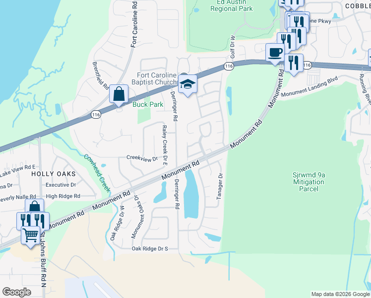 map of restaurants, bars, coffee shops, grocery stores, and more near 1854 Willowood Drive in Jacksonville