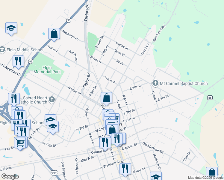 map of restaurants, bars, coffee shops, grocery stores, and more near 300 Lexington Road in Elgin