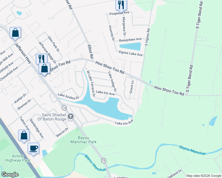 map of restaurants, bars, coffee shops, grocery stores, and more near 18429 Lakefield Avenue in Baton Rouge