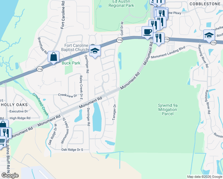 map of restaurants, bars, coffee shops, grocery stores, and more near 11554 Black Oak Trail in Jacksonville