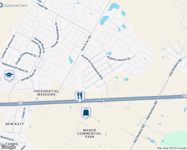 map of restaurants, bars, coffee shops, grocery stores, and more near 19416 James Manor Street in Manor