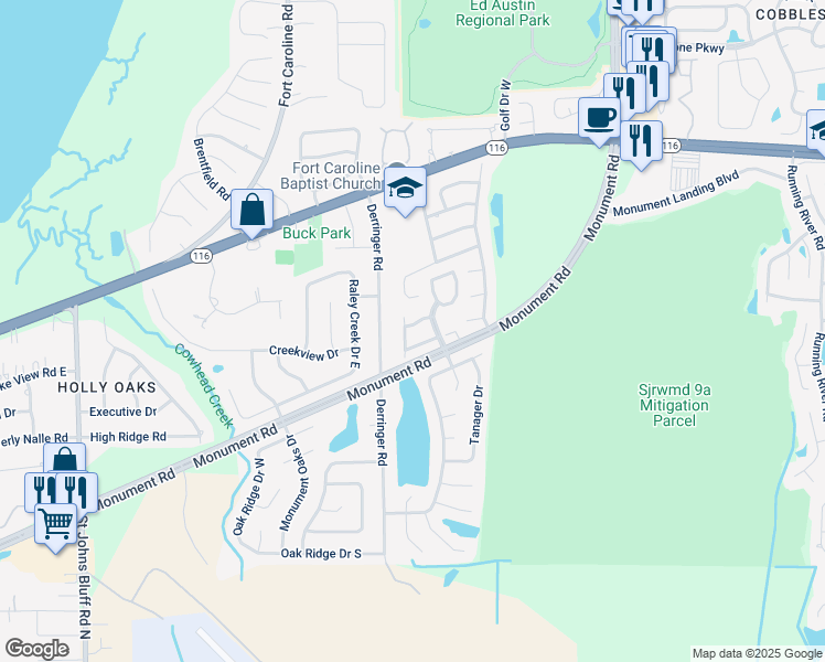map of restaurants, bars, coffee shops, grocery stores, and more near 11418 White Bay Lane in Jacksonville