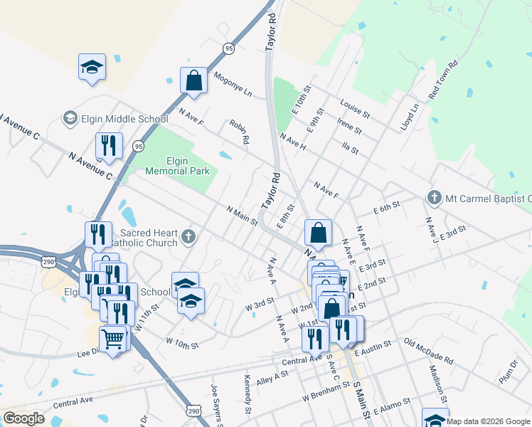 map of restaurants, bars, coffee shops, grocery stores, and more near 103 Canada Street in Elgin