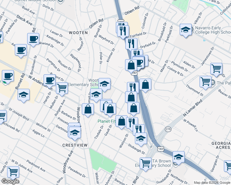 map of restaurants, bars, coffee shops, grocery stores, and more near 8015 Lazy Lane in Austin