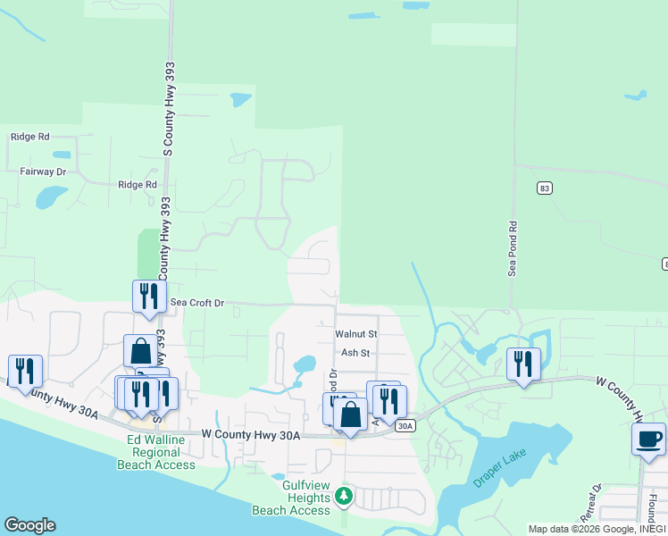 map of restaurants, bars, coffee shops, grocery stores, and more near 177 Tropical Breeze Drive in Santa Rosa Beach