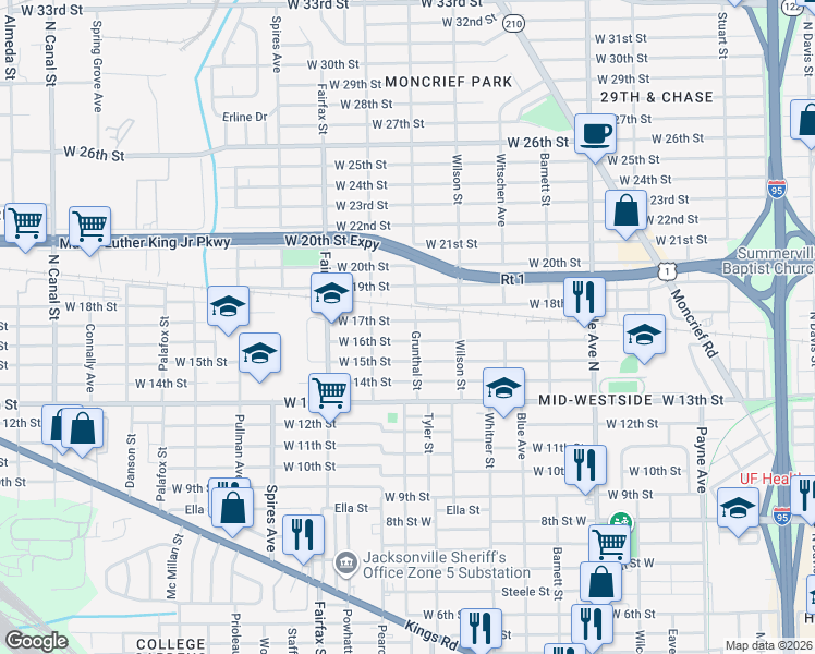 map of restaurants, bars, coffee shops, grocery stores, and more near 1586 West 17th Street in Jacksonville