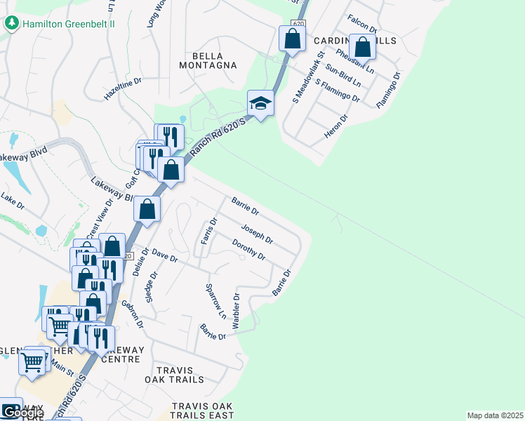 map of restaurants, bars, coffee shops, grocery stores, and more near 15200 Barrie Dr in Austin