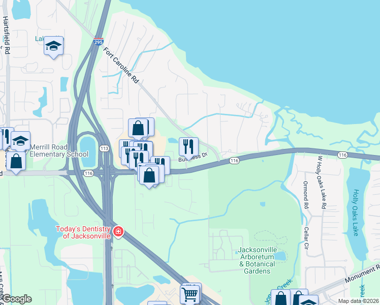 map of restaurants, bars, coffee shops, grocery stores, and more near 2850 Fallow Circle in Jacksonville