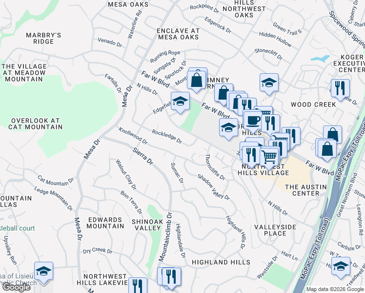 map of restaurants, bars, coffee shops, grocery stores, and more near 3809 Rockledge Drive in Austin