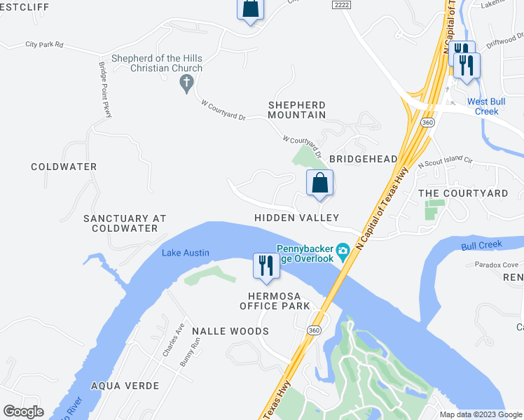 map of restaurants, bars, coffee shops, grocery stores, and more near 6401 Bridge Point Parkway in Austin