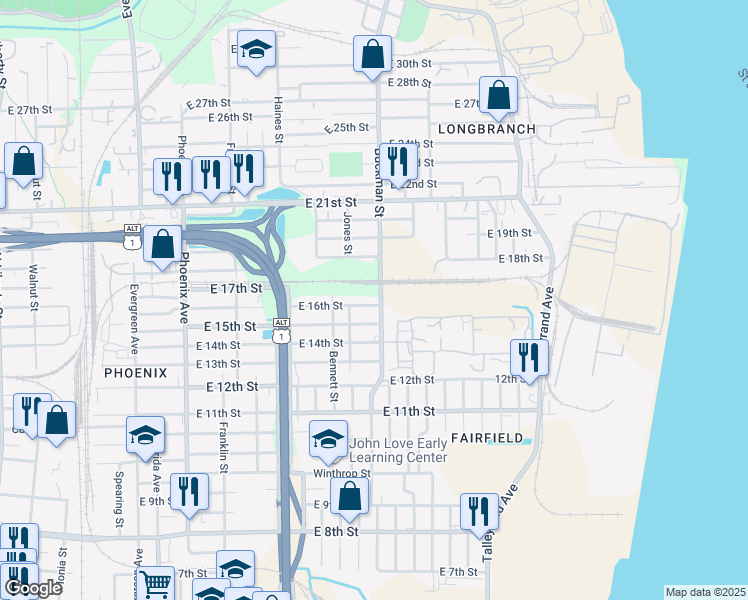 map of restaurants, bars, coffee shops, grocery stores, and more near 1641 East 16th Street in Jacksonville
