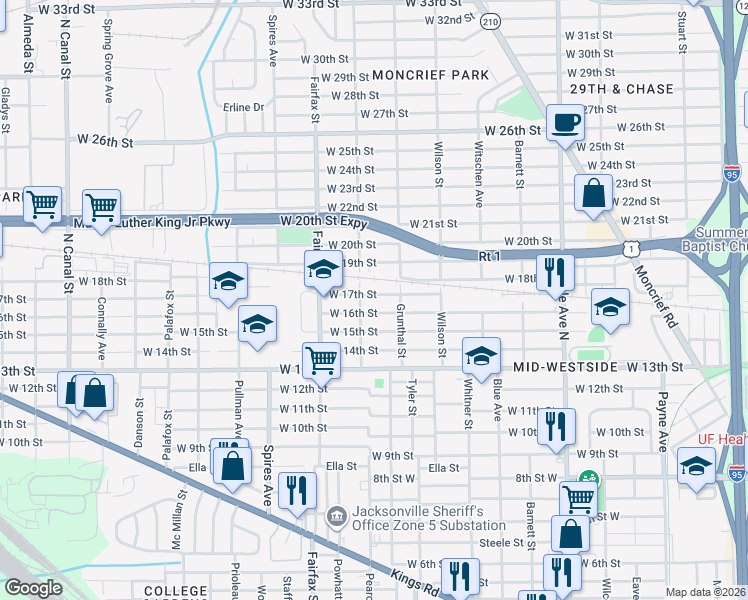 map of restaurants, bars, coffee shops, grocery stores, and more near 1644 West 17th Street in Jacksonville