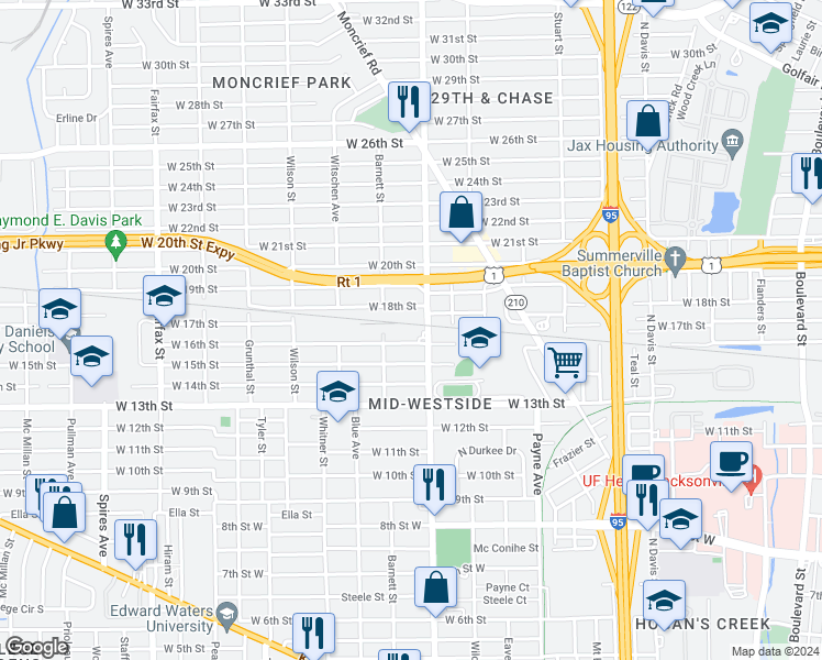 map of restaurants, bars, coffee shops, grocery stores, and more near 2616 Myrtle Avenue North in Jacksonville