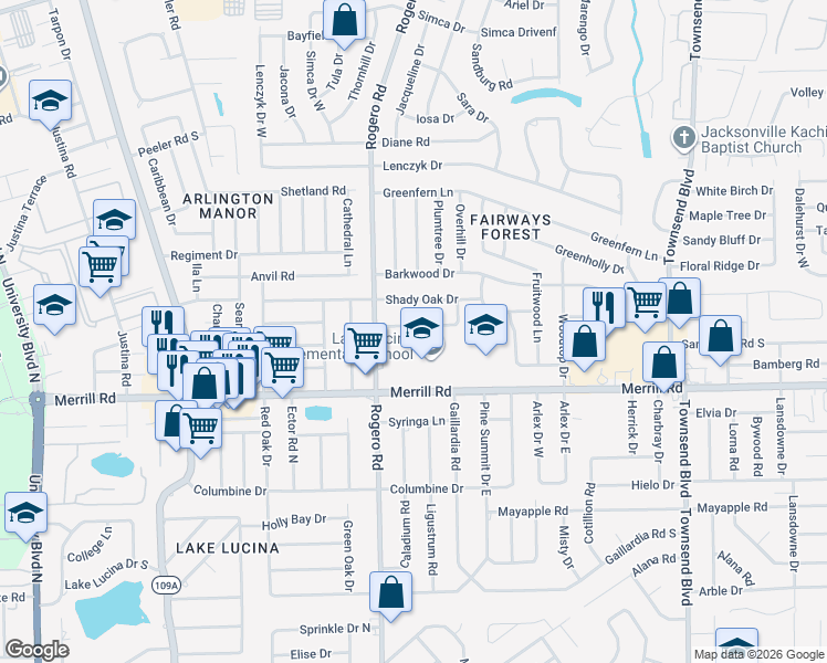 map of restaurants, bars, coffee shops, grocery stores, and more near 6544 Blackwood Drive in Jacksonville