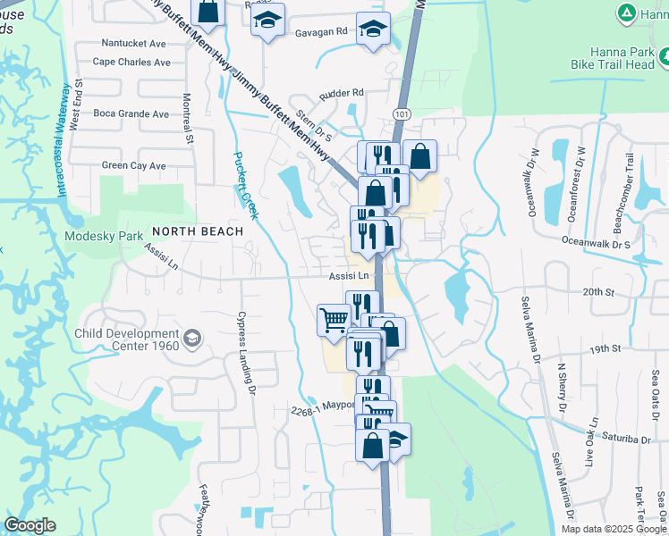 map of restaurants, bars, coffee shops, grocery stores, and more near 791 Assisi Lane in Atlantic Beach