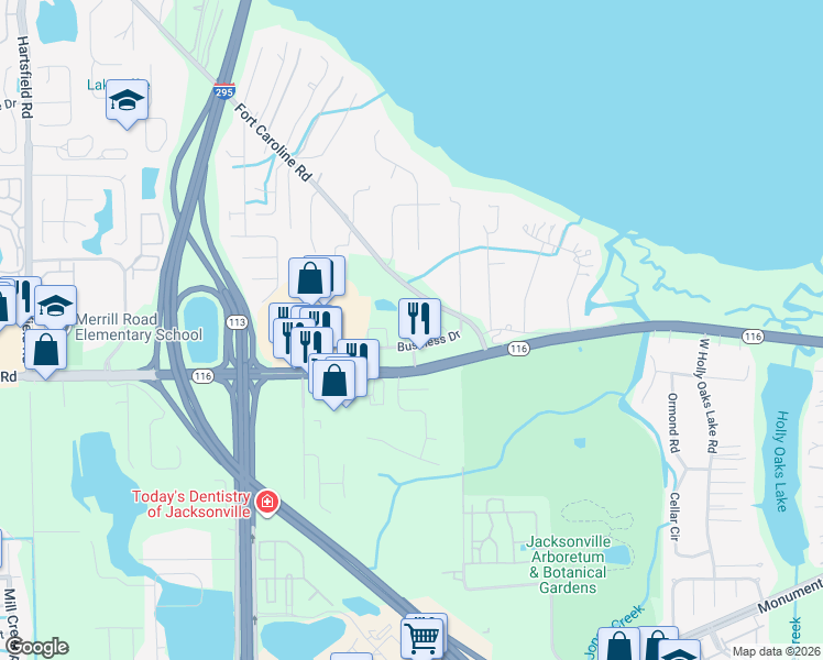map of restaurants, bars, coffee shops, grocery stores, and more near 2850 Fallow Circle in Jacksonville