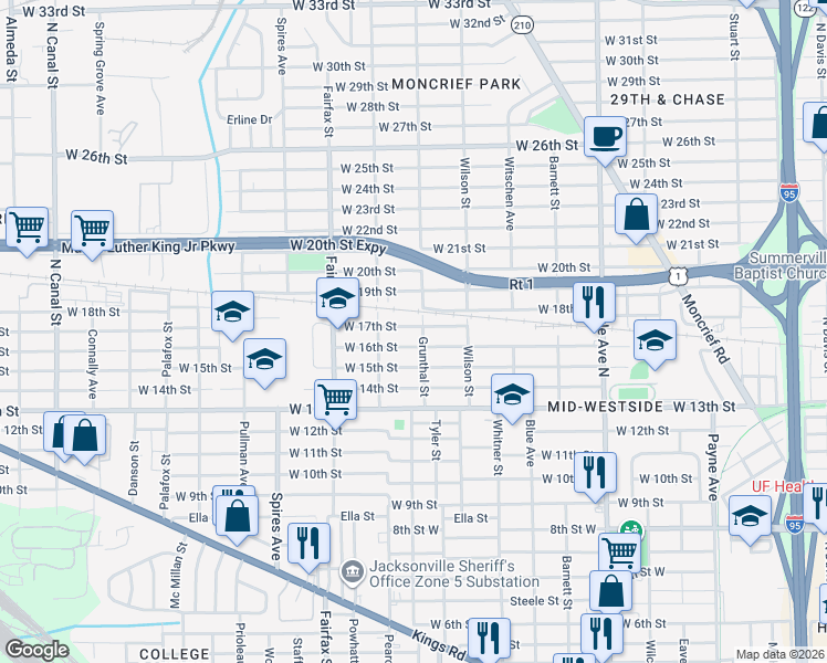 map of restaurants, bars, coffee shops, grocery stores, and more near 1586 West 17th Street in Jacksonville