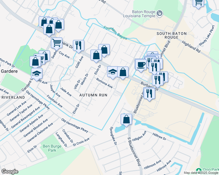 map of restaurants, bars, coffee shops, grocery stores, and more near 9135A Ridge Oak Drive in Baton Rouge