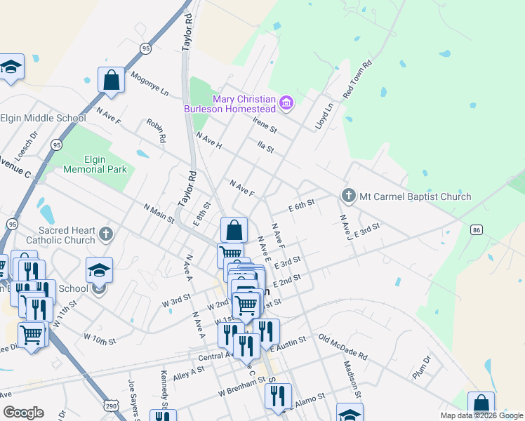 map of restaurants, bars, coffee shops, grocery stores, and more near 517 North Avenue F in Elgin