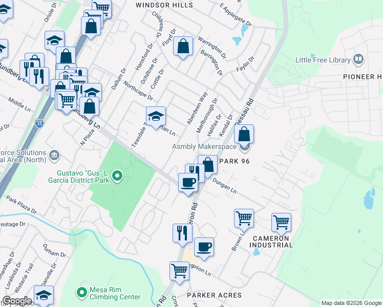 map of restaurants, bars, coffee shops, grocery stores, and more near 1402 Avebury Circle in Austin