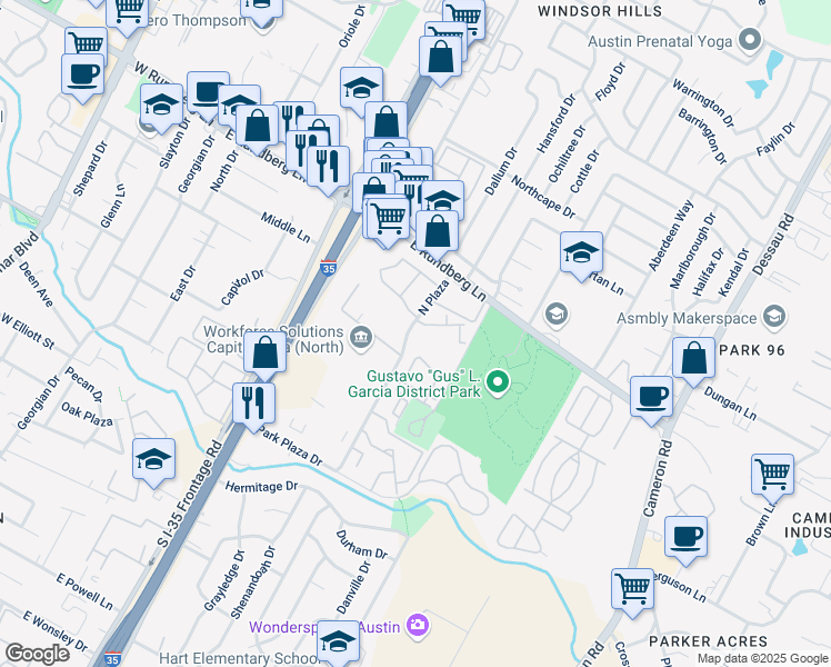 map of restaurants, bars, coffee shops, grocery stores, and more near 9200 North Plaza in Austin