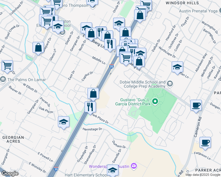 map of restaurants, bars, coffee shops, grocery stores, and more near 9001 North Interstate 35 Frontage Road in Austin