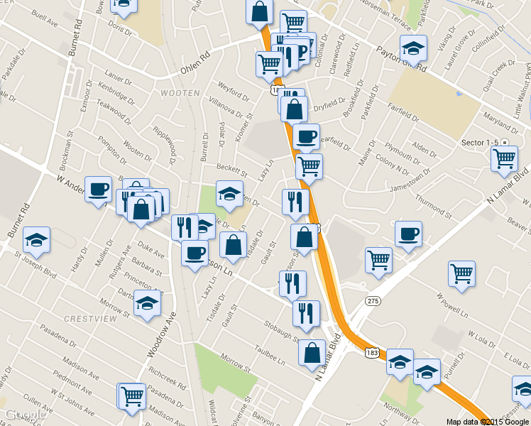 map of restaurants, bars, coffee shops, grocery stores, and more near 8016 Tisdale Drive in Austin