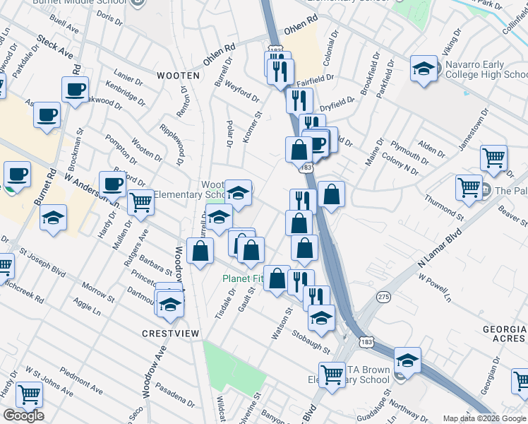 map of restaurants, bars, coffee shops, grocery stores, and more near 8016 Tisdale Drive in Austin