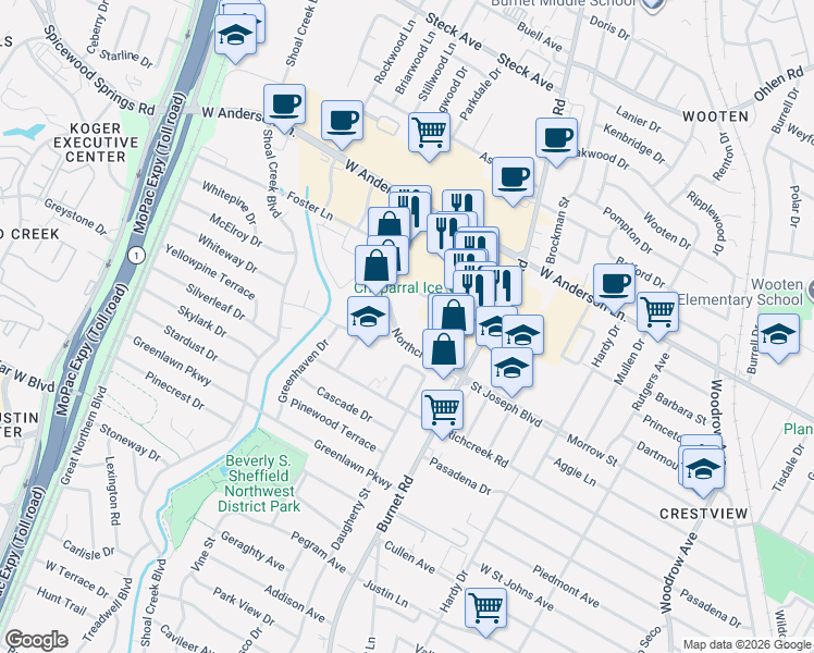 map of restaurants, bars, coffee shops, grocery stores, and more near in Austin
