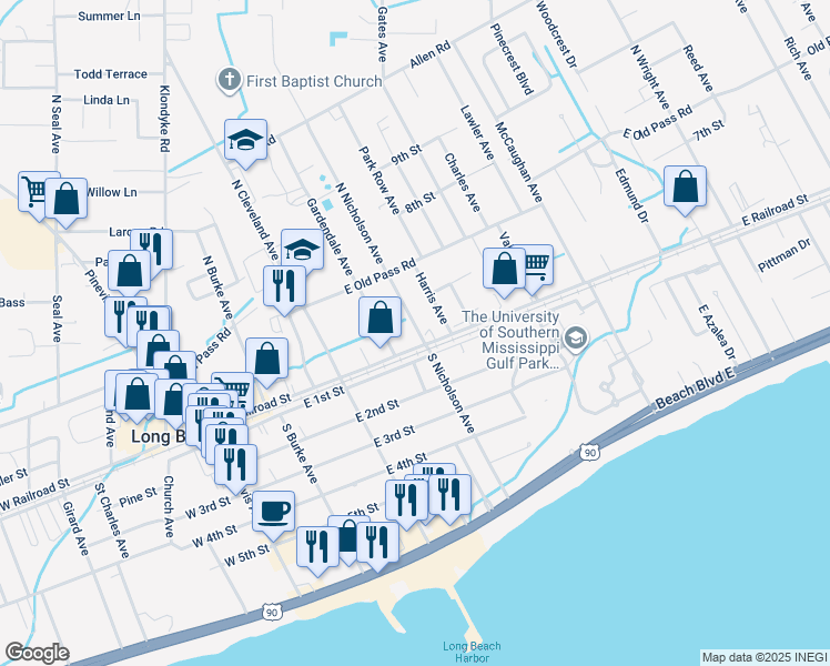 map of restaurants, bars, coffee shops, grocery stores, and more near 602 North Nicholson Avenue in Long Beach