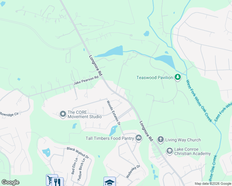 map of restaurants, bars, coffee shops, grocery stores, and more near 5800 Longmire Road in Conroe