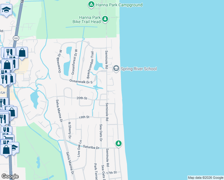 map of restaurants, bars, coffee shops, grocery stores, and more near 2233 Seminole Road in Atlantic Beach