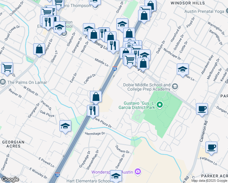 map of restaurants, bars, coffee shops, grocery stores, and more near 9001 North Interstate Highway 35 in Austin