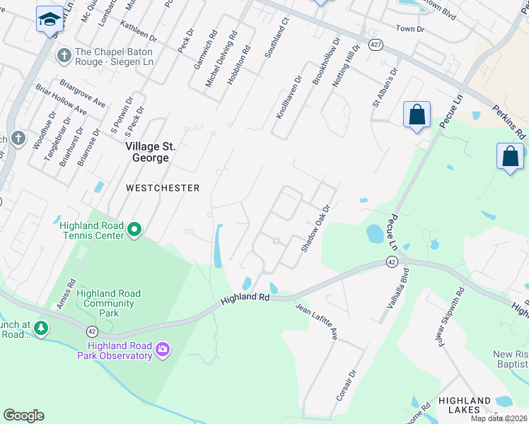 map of restaurants, bars, coffee shops, grocery stores, and more near 545 Highland Oaks Drive in Baton Rouge