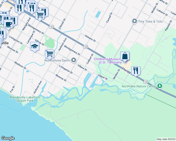 map of restaurants, bars, coffee shops, grocery stores, and more near 1129 Villere Street in Mandeville